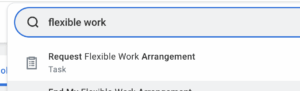 screenshot of searching flexible work agreement in workday